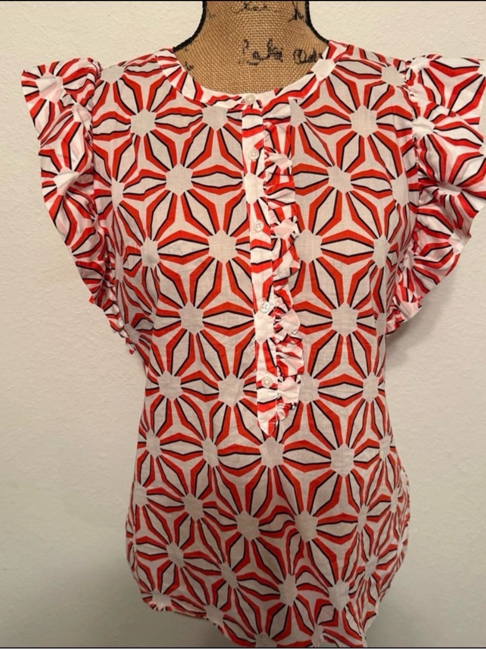 Charter Club Printed Ruffle Sleeve Bright White with Orange And Blue medium